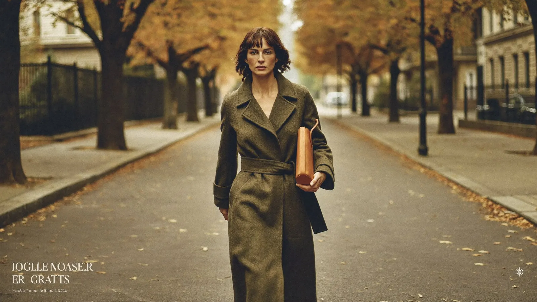 A woman in a long olive coat walking toward the camera down a tree-lined street
