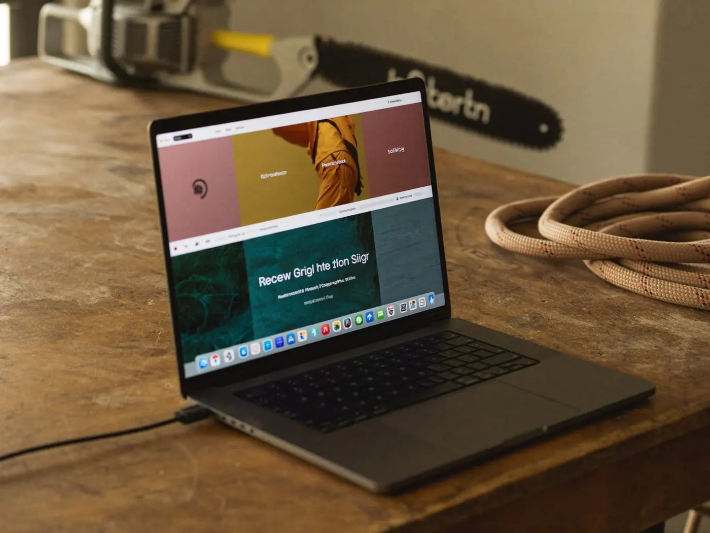 A laptop showing a tree-service website in a workshop