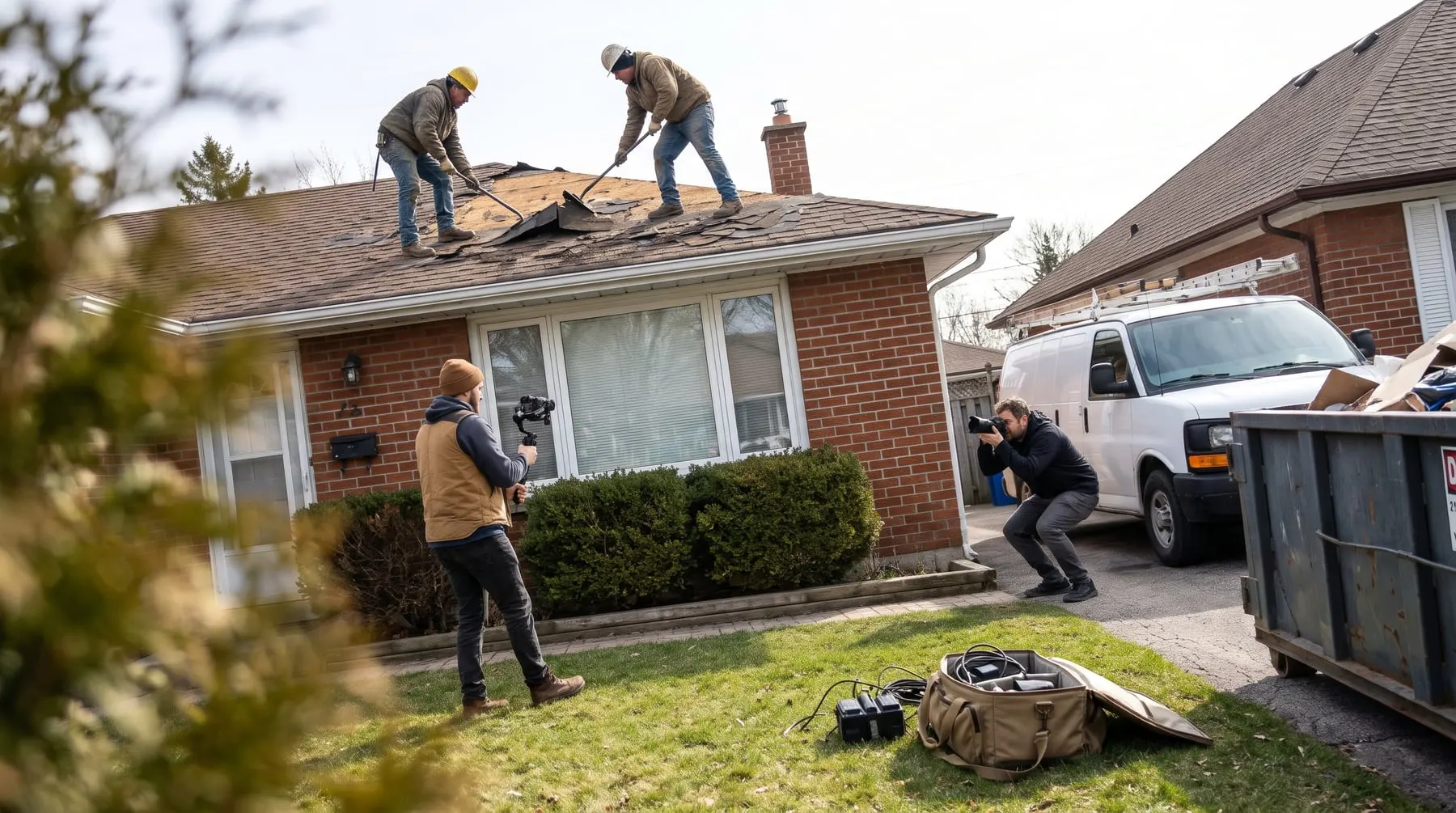 A Datum videographer with a gimbal and a photographer filming two roofers tearing off shingles on a brick bungalow